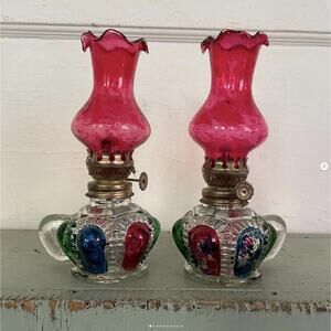 Vintage Glass Oil Lamp Handheld Mini Faceted Bottom Red Top Hong Kong PAIR